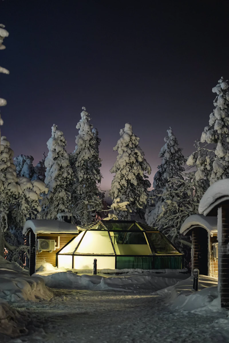 Lasikattoinen iglumökki lumisessa metsässä yöllä